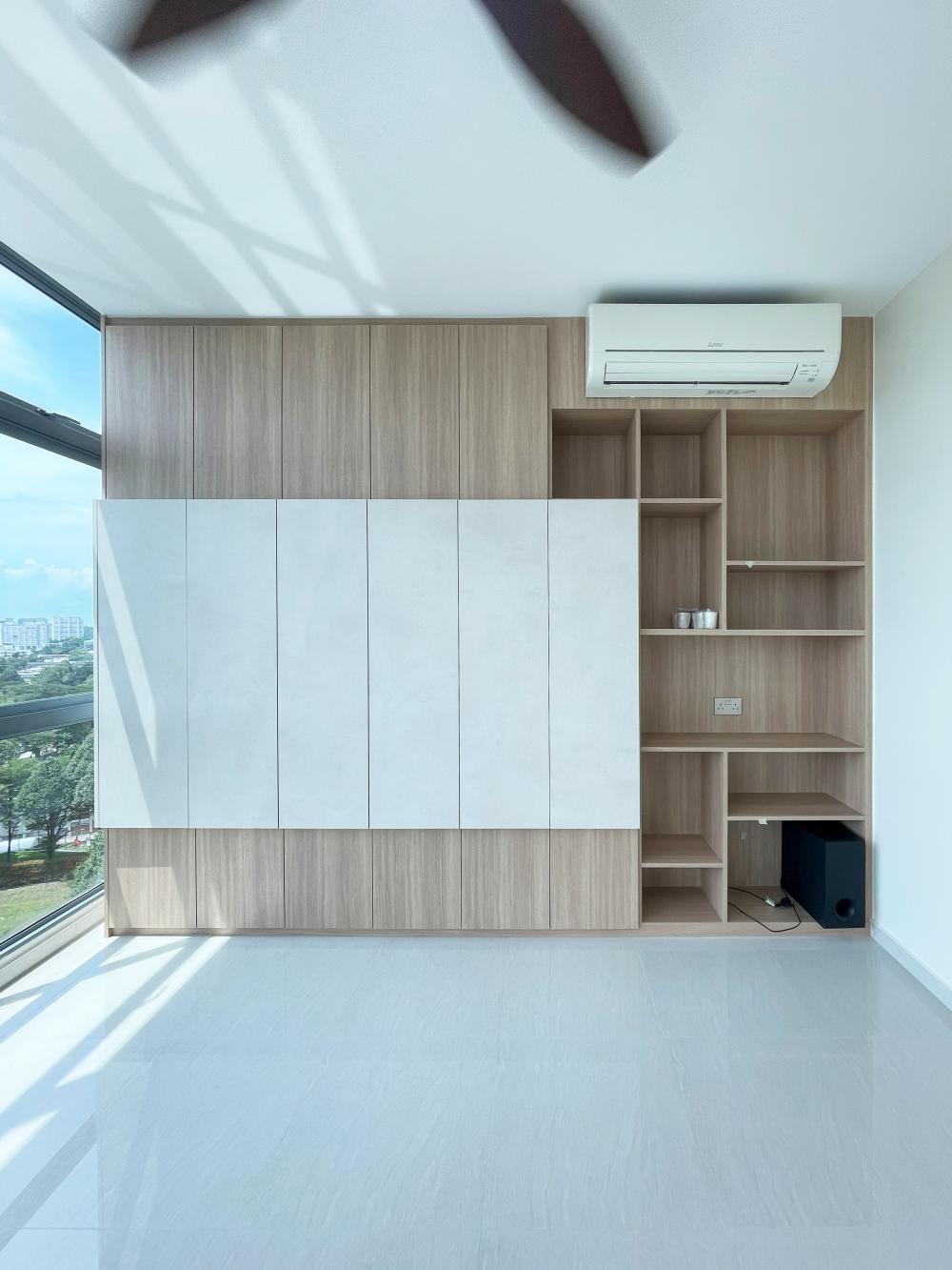 Modern Bedroom with Bookshelf and Platform Bed