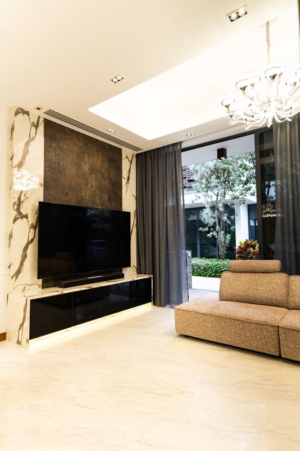 Transitional Living Room with Homogeneous Tiles and TV Console