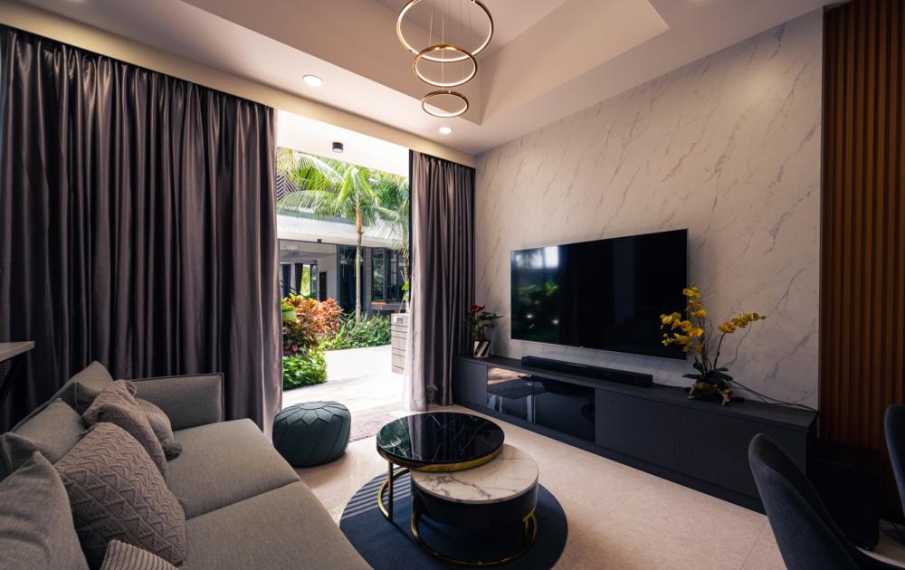 Contemporary Living Room with Homogeneous Tiles and TV Console