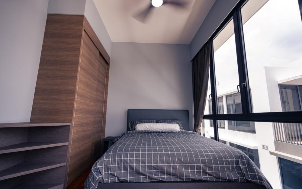 Contemporary Bedroom with Bookshelf and Platform Bed