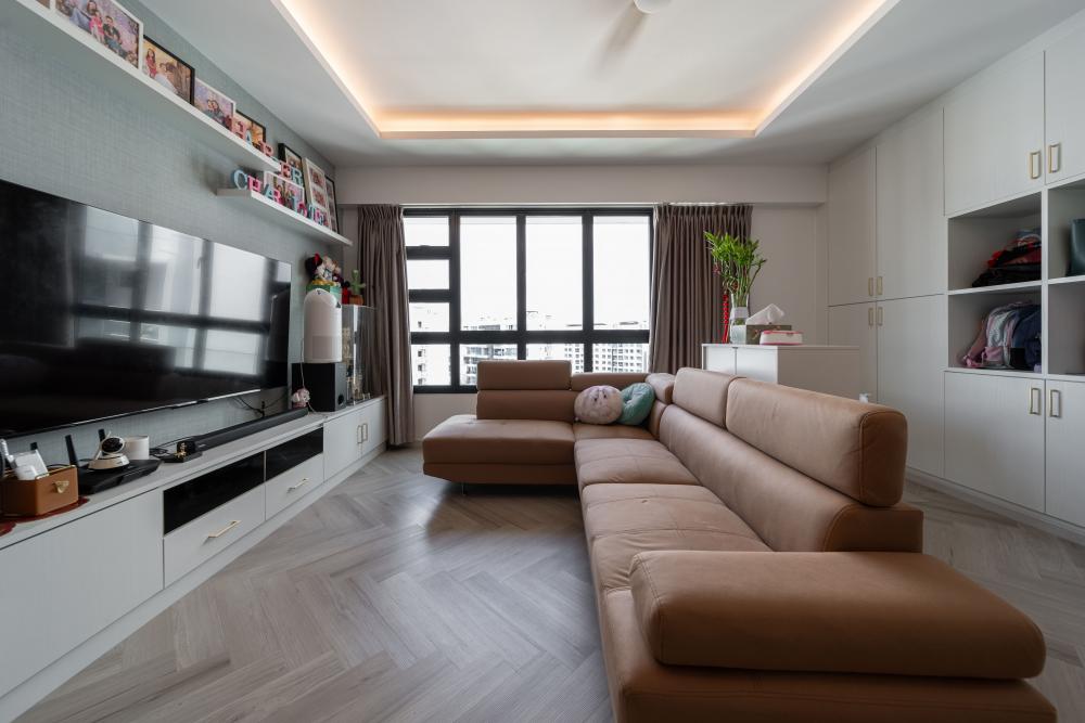 Transitional Living Room with Herringbone Tiling and TV Console