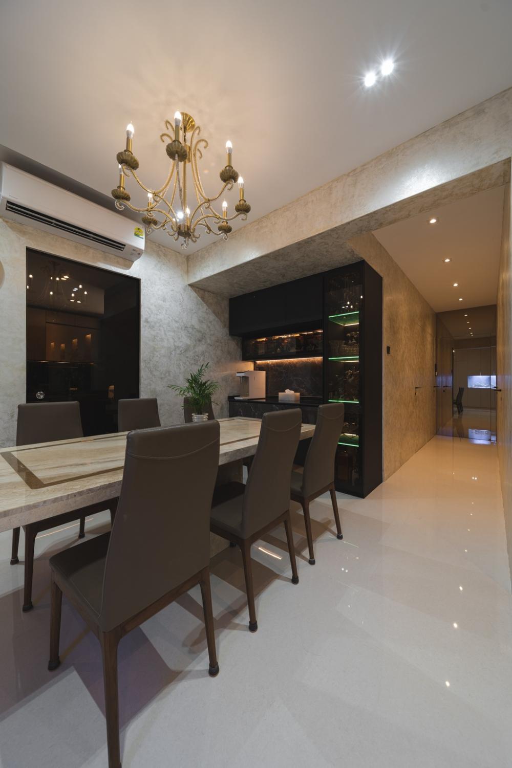Modern Dining Room with Kitchen Island and Chandelier