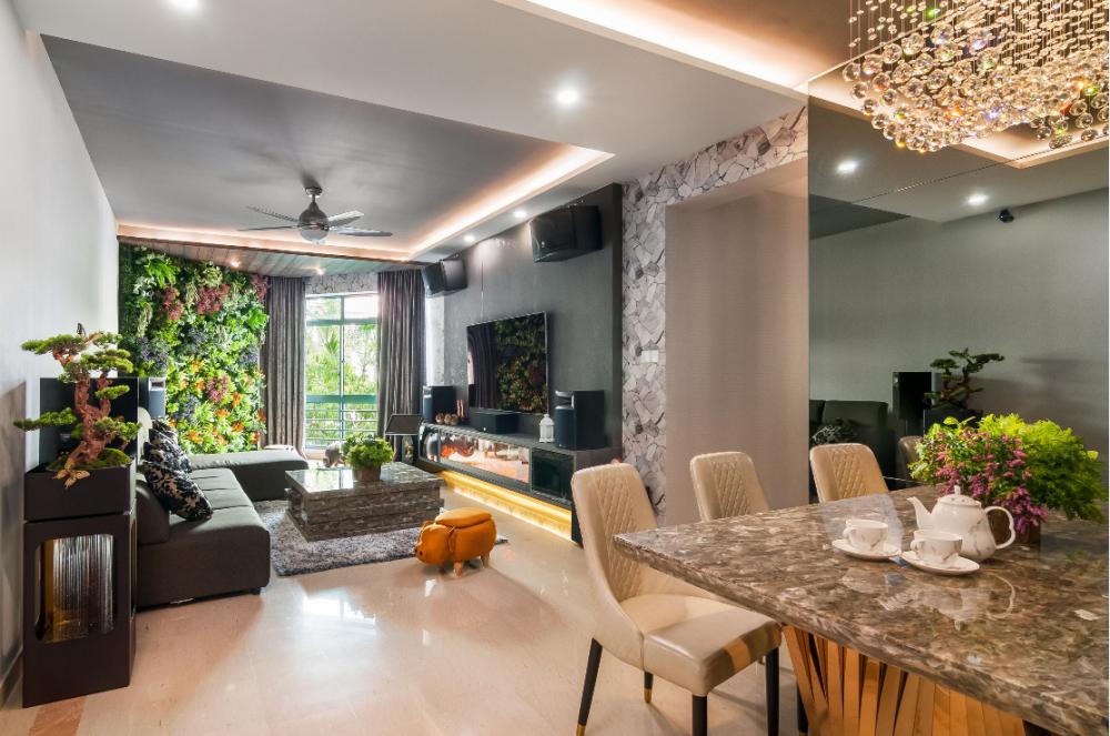 Modern Living Room with Mirror and Cove Lighting