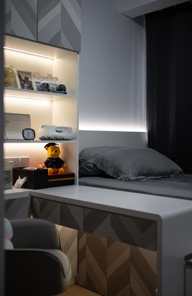 Contemporary Bedroom with Bookshelf and Platform Bed