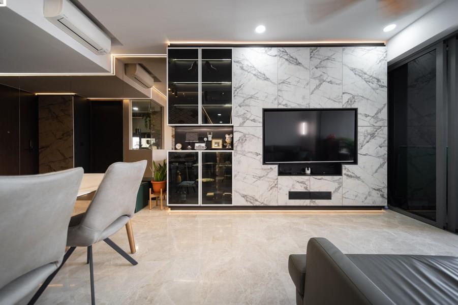 Contemporary Living Room with TV Console and Feature Wall