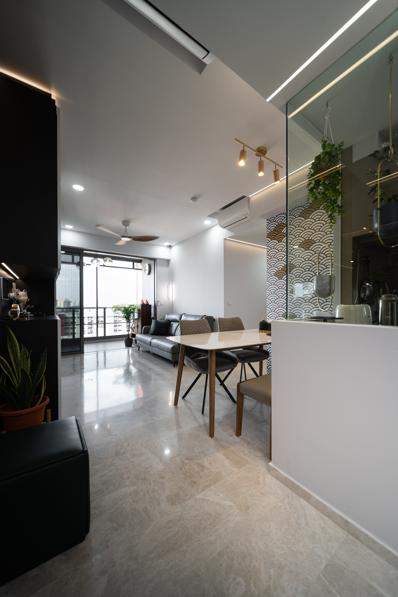 Contemporary Dining Room with Cove Lighting and Wallpaper