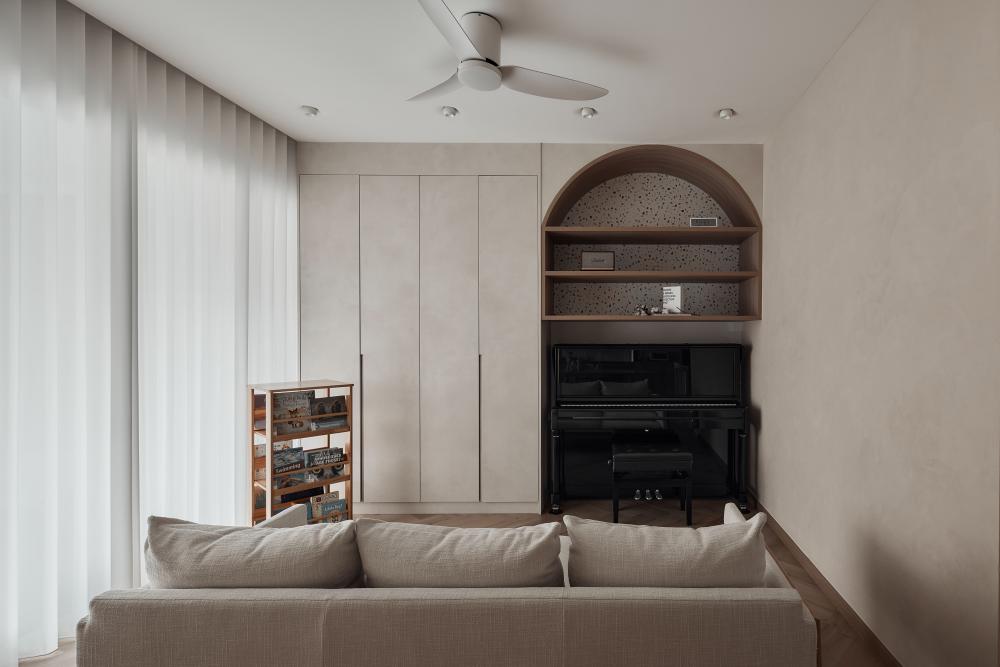 Modern Living Room with Bookshelf and Countertop