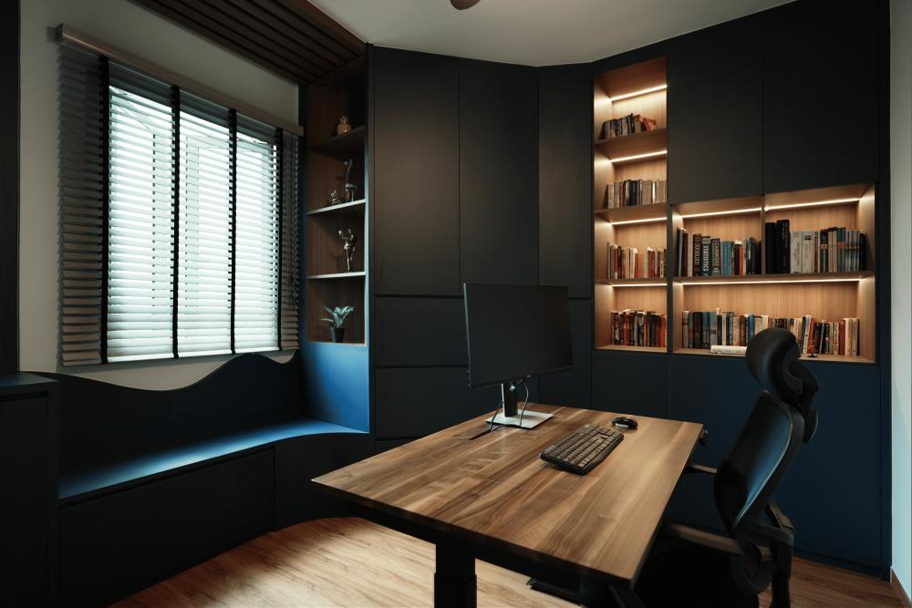 Transitional Home Office with Bookshelf and Wood Flooring