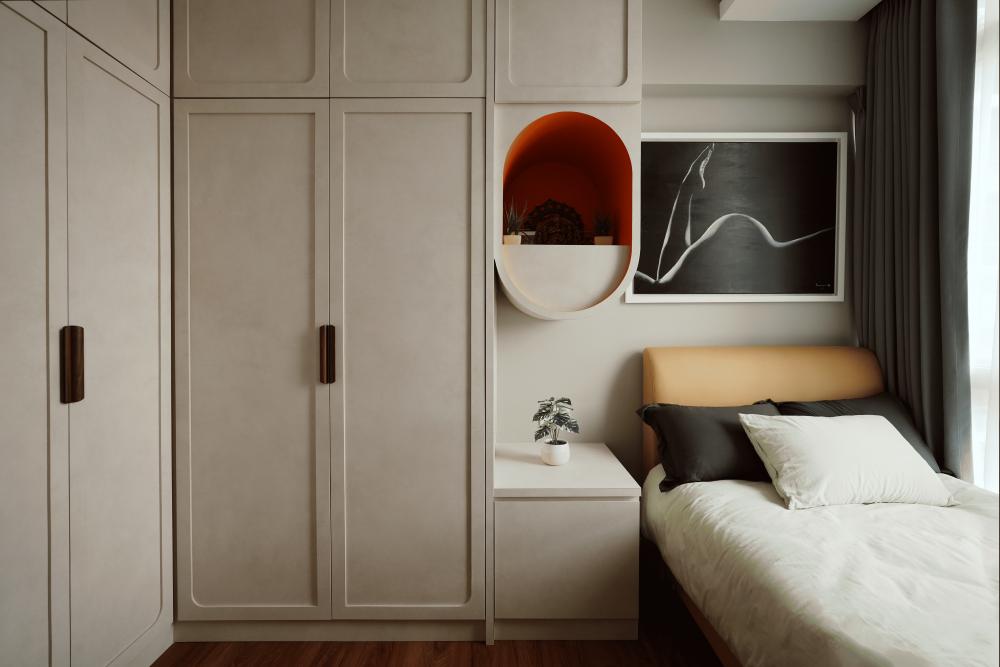 Transitional Bedroom with Bookshelf and Wood Flooring
