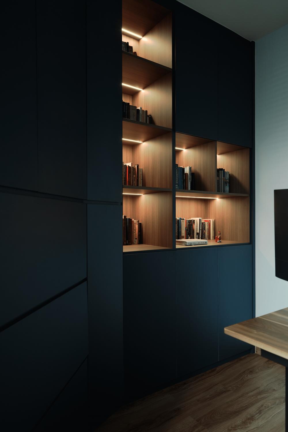 Transitional Home Office with Display Cabinets and Lighting