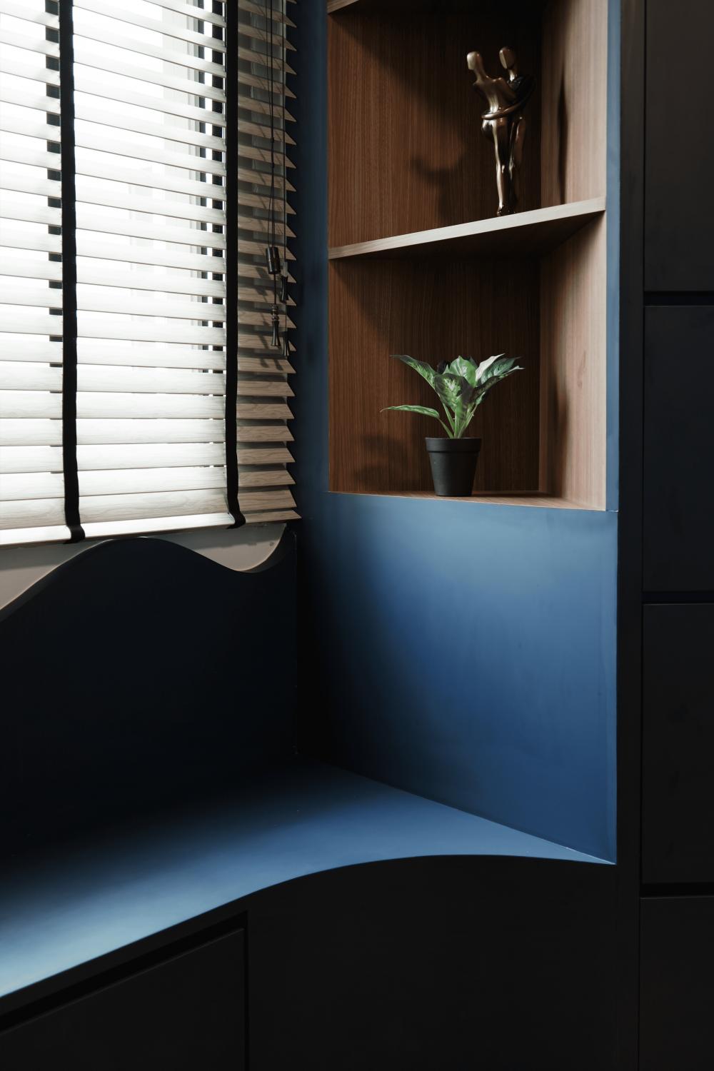 Transitional Home Office with Bookshelf and Wallpaper
