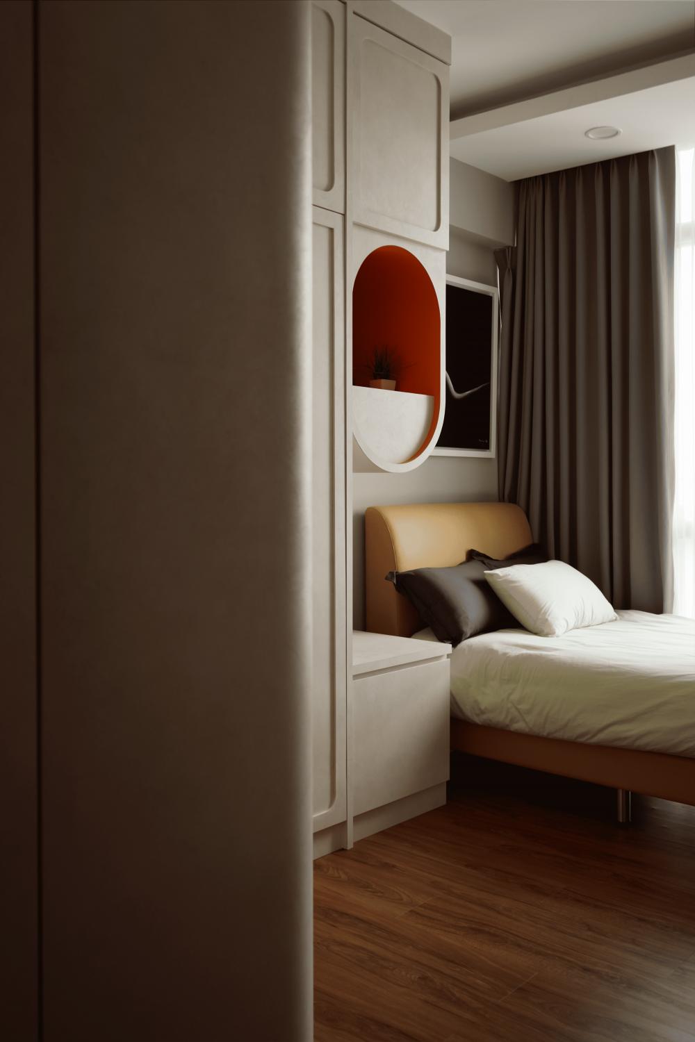 Transitional Bedroom with Bookshelf and Wood Flooring