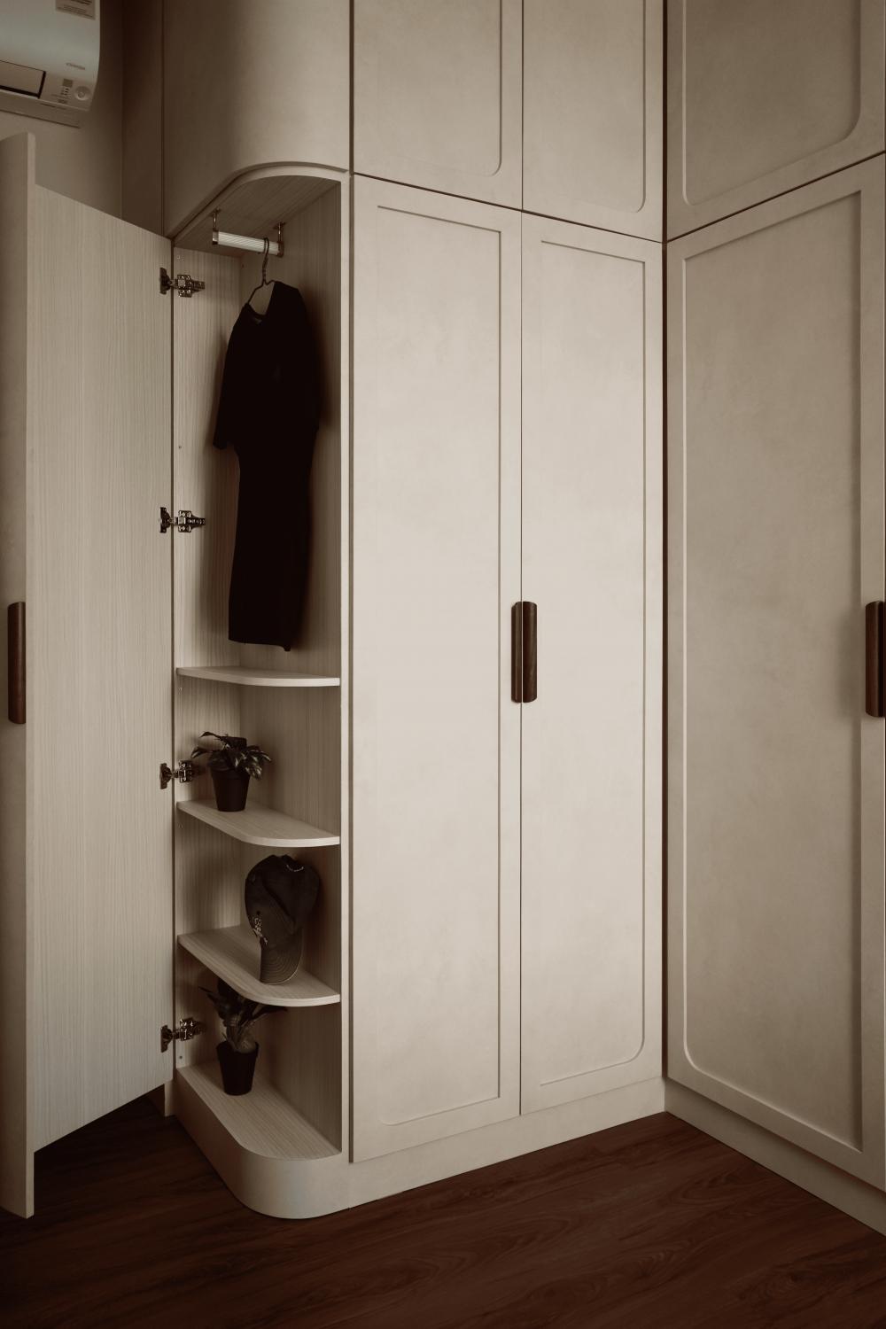 Transitional Bedroom with Bookshelf and Wood Flooring
