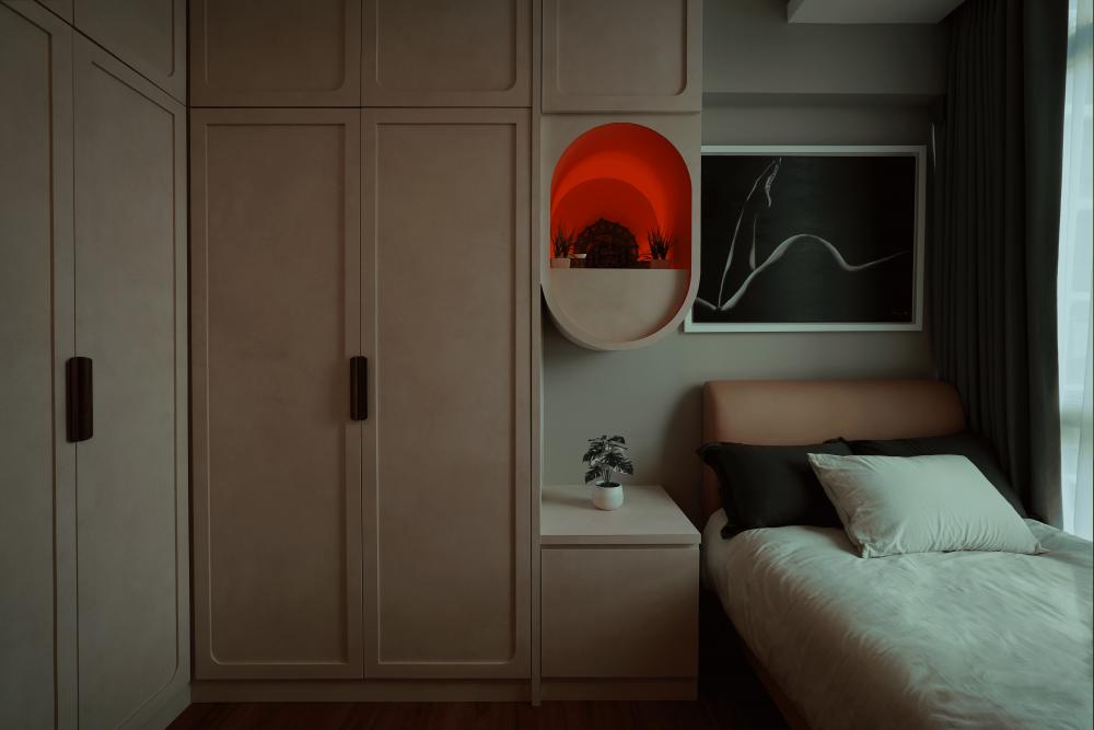 Transitional Bedroom with Bookshelf and Wood Flooring