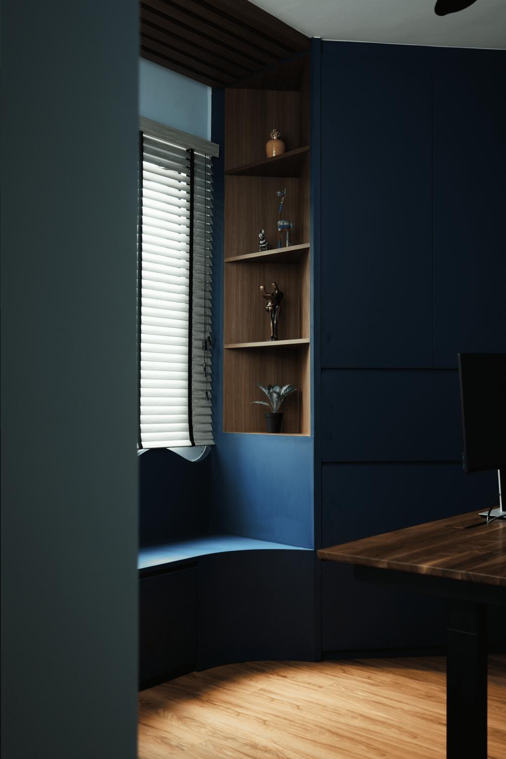 Transitional Home Office with Bookshelf and Storage Cabinets