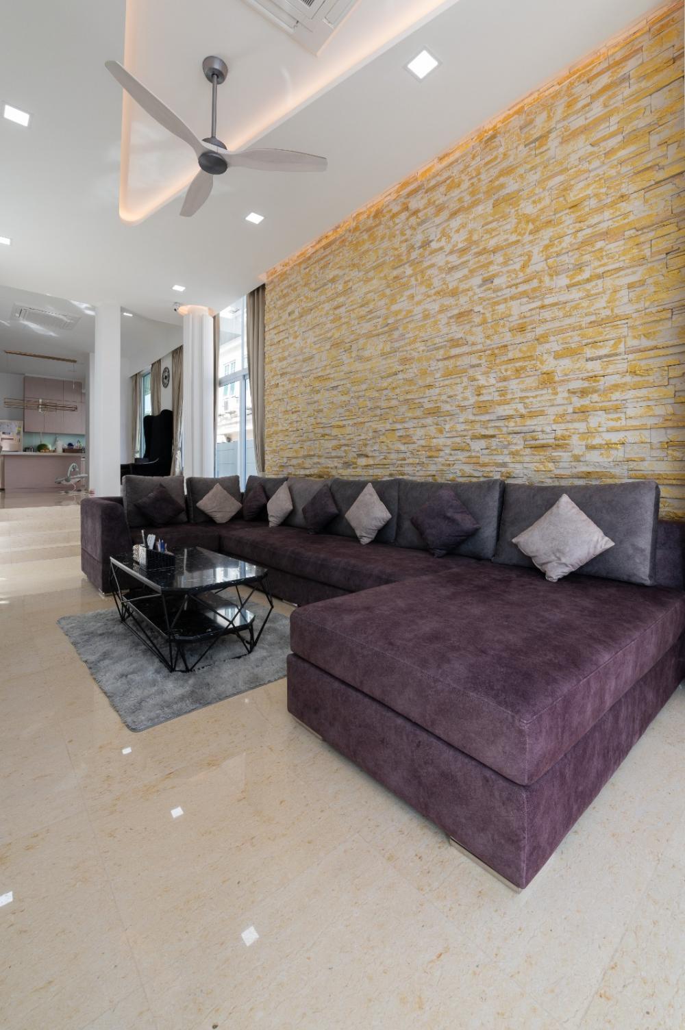 Transitional Living Room with Feature Wall and Cove Lighting