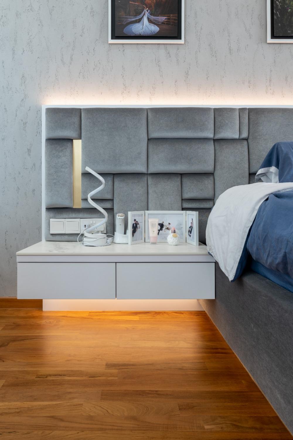 Transitional Bedroom with Parquet Floor and Cove Lighting