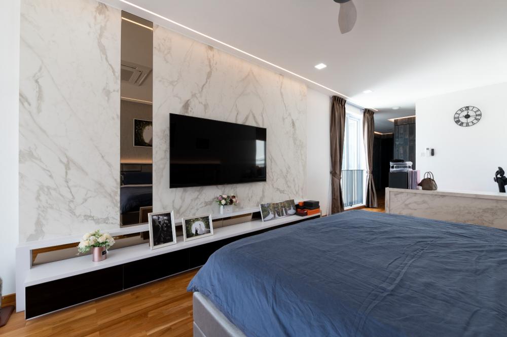 Transitional Bedroom with Parquet Floor and TV Console