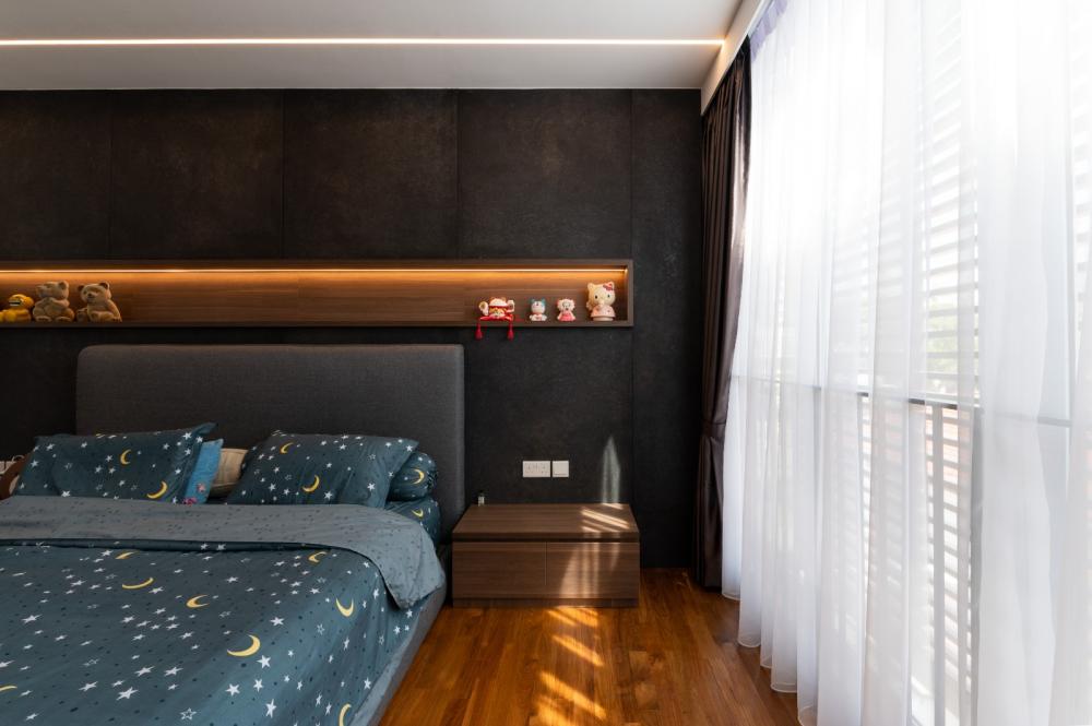 Transitional Bedroom with Parquet Floor and Built-in Bed