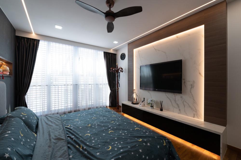 Transitional Bedroom with Parquet Floor and TV Console