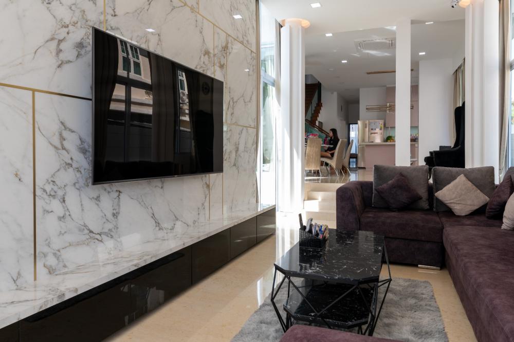 Transitional Living Room with Countertop and Marble Floor