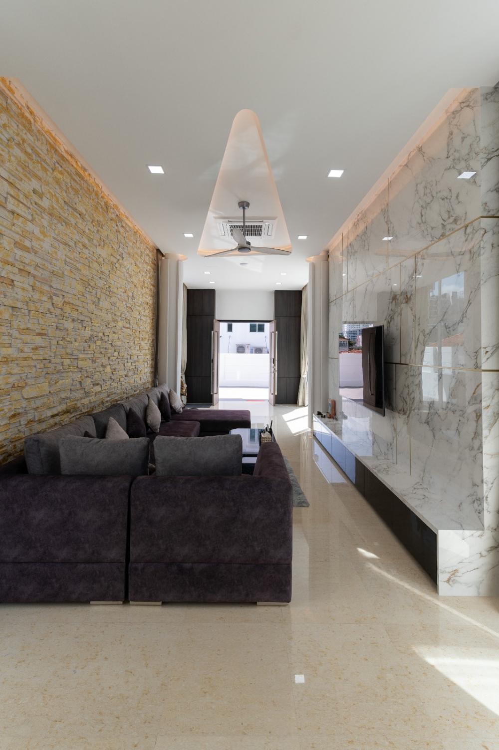 Transitional Living Room with Marble Floor and TV Console