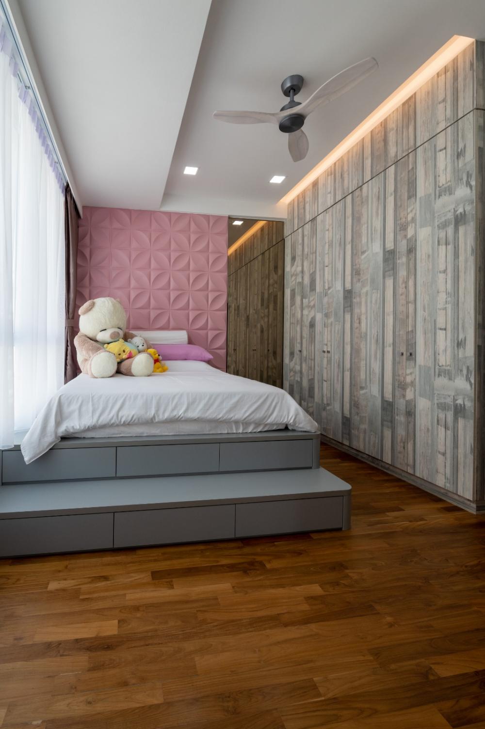 Transitional Bedroom with Platform Bed and Parquet Floor