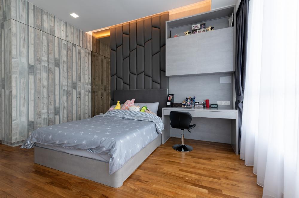 Transitional Bedroom with Bookshelf and Mirror