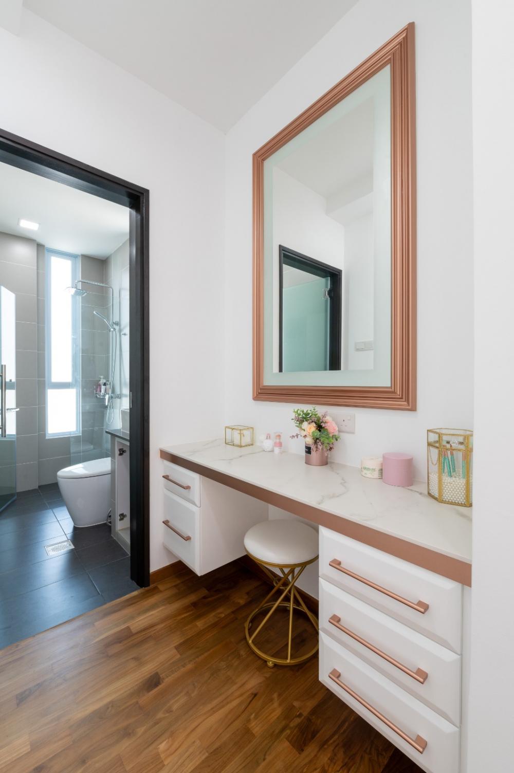 Transitional Walk-in Wardrobe with Mirror and Vanity Counter