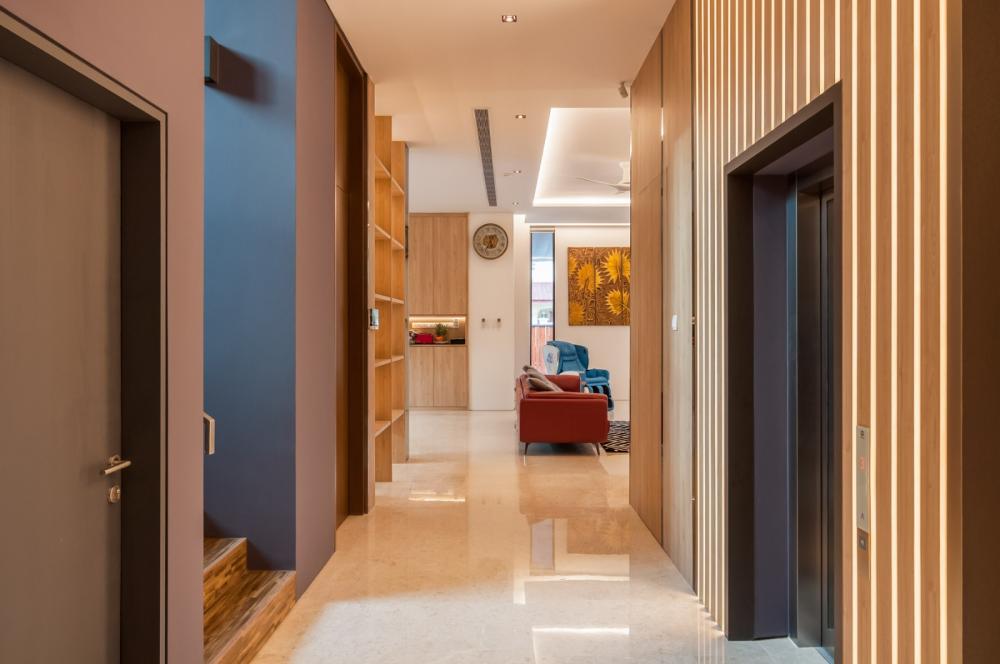 Asian Hallway with Staircase and Cove Lighting