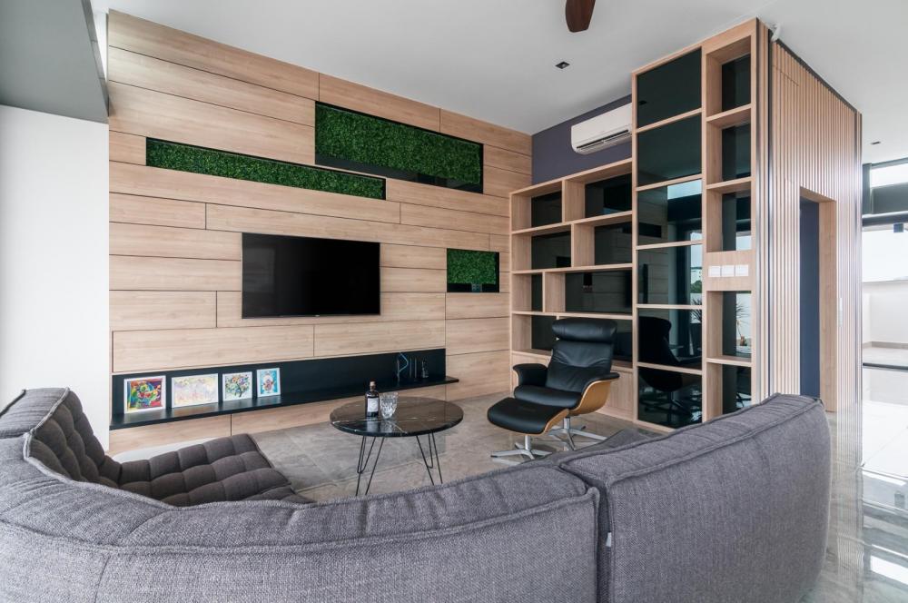 Asian Living Room with TV Console and Feature Wall