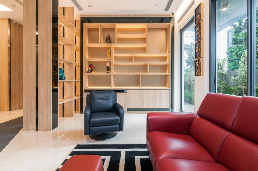 Asian Living Room with Bookshelf and Marble Floor