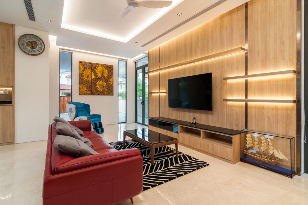 Asian Living Room with Marble Floor and TV Console