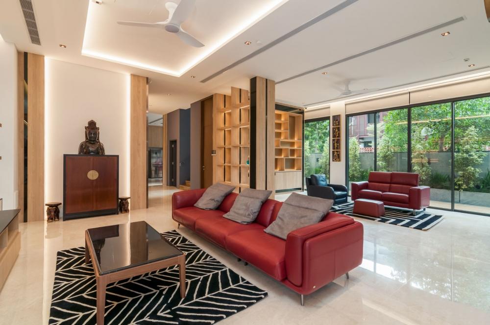 Asian Living Room with TV Console and Feature Wall