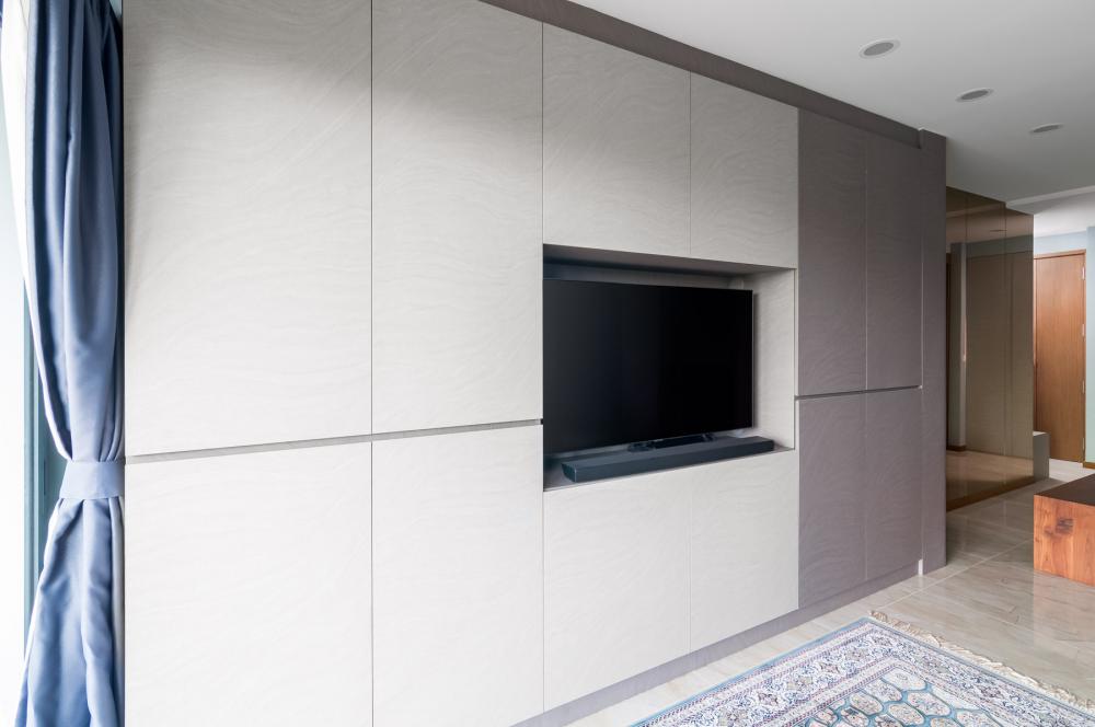 Minimalist Living Room with Marble Floor and TV Console