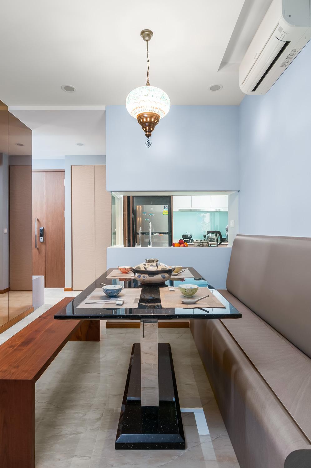 Minimalist Dining Room with Settee and Mirror