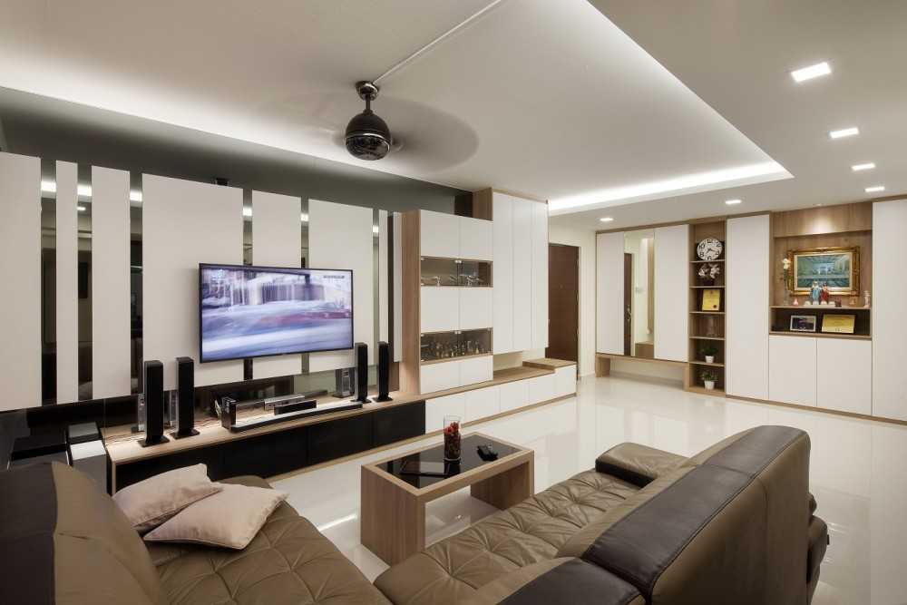 Scandinavian Living Room with Homogeneous Tiles and TV Console