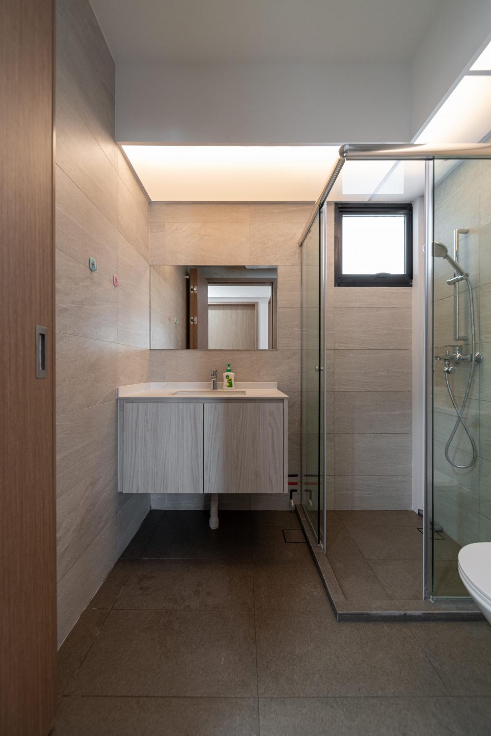 Country Bathroom with Herringbone Tiling and Mirror