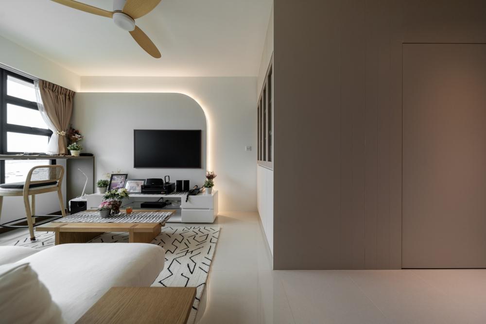 Scandinavian Living Room with Feature Wall and Bay Window