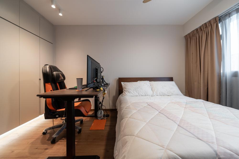 Scandinavian Bedroom with Vinyl Flooring and Cove Lighting