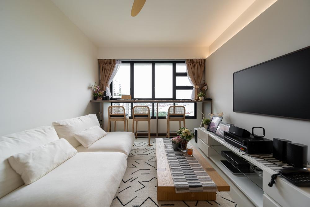 Scandinavian Living Room with TV Console and Feature Wall