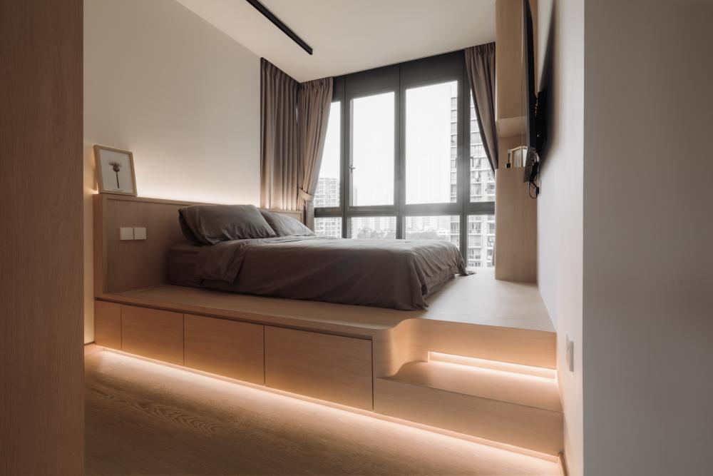 Scandinavian Bedroom with Platform Bed and Queen Bed