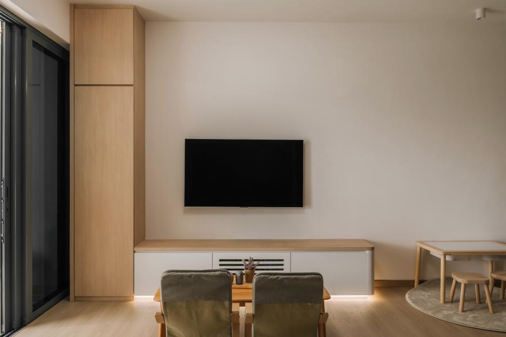 Scandinavian Living Room with Wood Flooring and TV Console