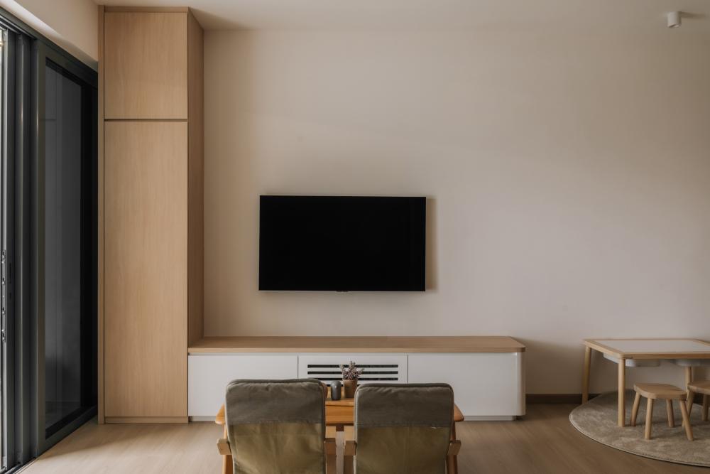 Scandinavian Living Room with Wood Flooring and TV Console