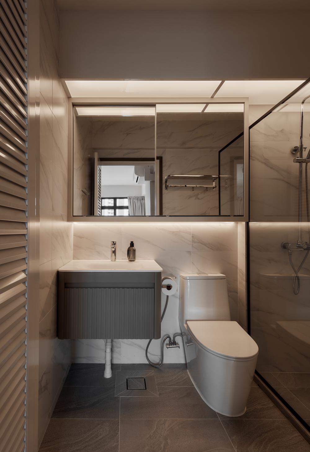 Scandinavian Bathroom with Countertop and Mirror