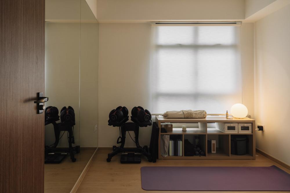 Scandinavian Home Gym with Seating Bench and Storage Cabinets