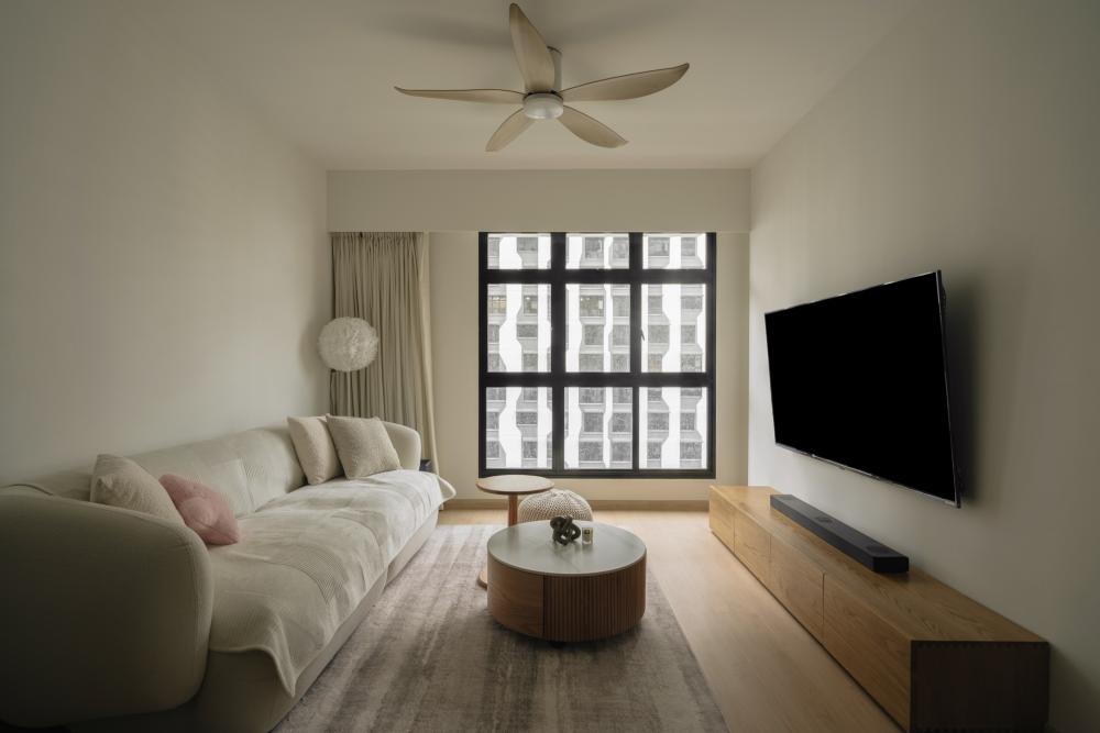 Scandinavian Living Room with Wood Flooring and TV Console
