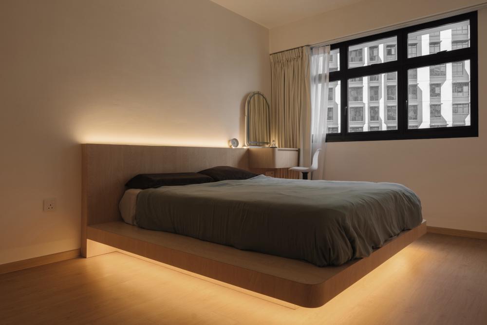 Scandinavian Bedroom with Wood Flooring and Bedside Table
