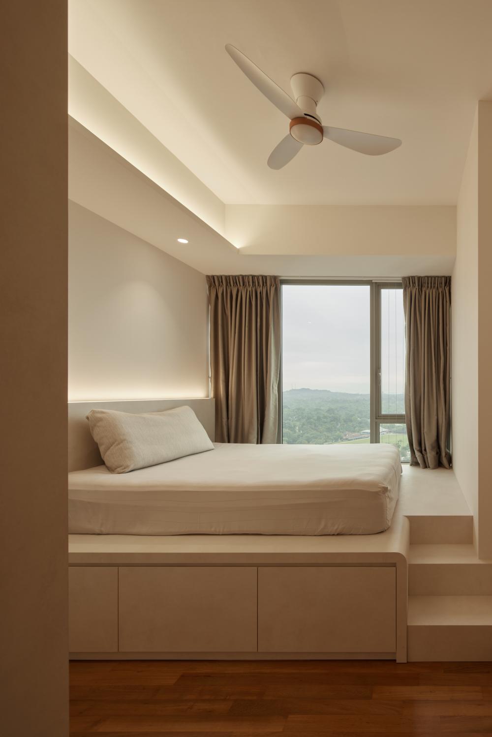 Contemporary Bedroom with Platform Bed and Wood Flooring