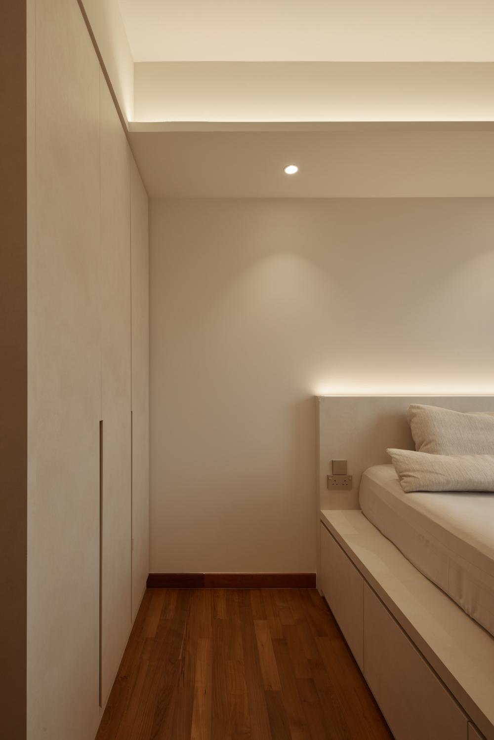 Contemporary Bedroom with Wood Flooring and Ceiling Light